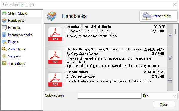 Extensions Manager on the Handbooks tab