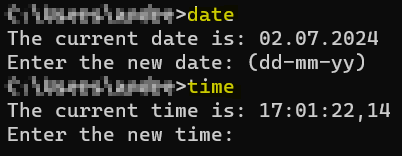 date and time command output in the Windows command prompt