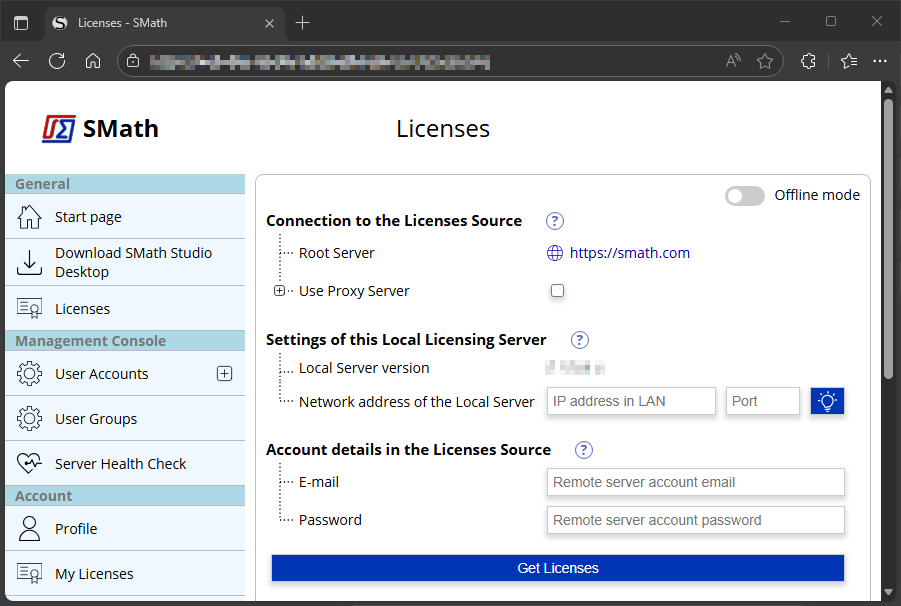 the Licenses page: connection to the licenses source, network address of the local server and account details