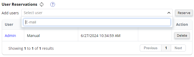 User Reservations on a license page: adding a user and the list of reserved users