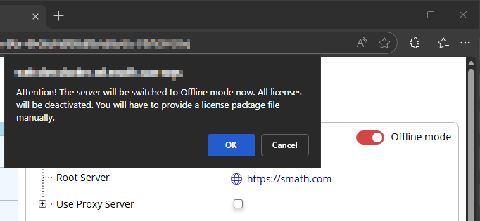 the confirmation for switching the server to Offline mode