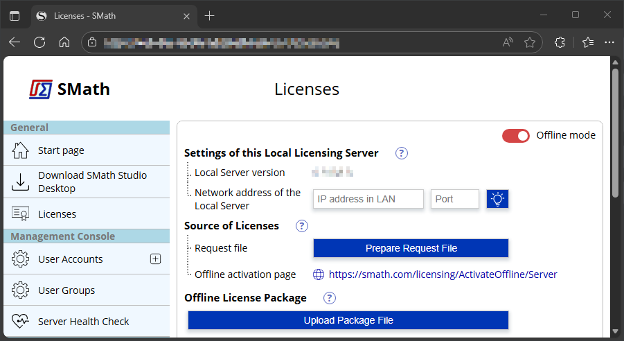the Licenses page in Offline mode: Prepare Request File, the offline activation page link and Upload Package File
