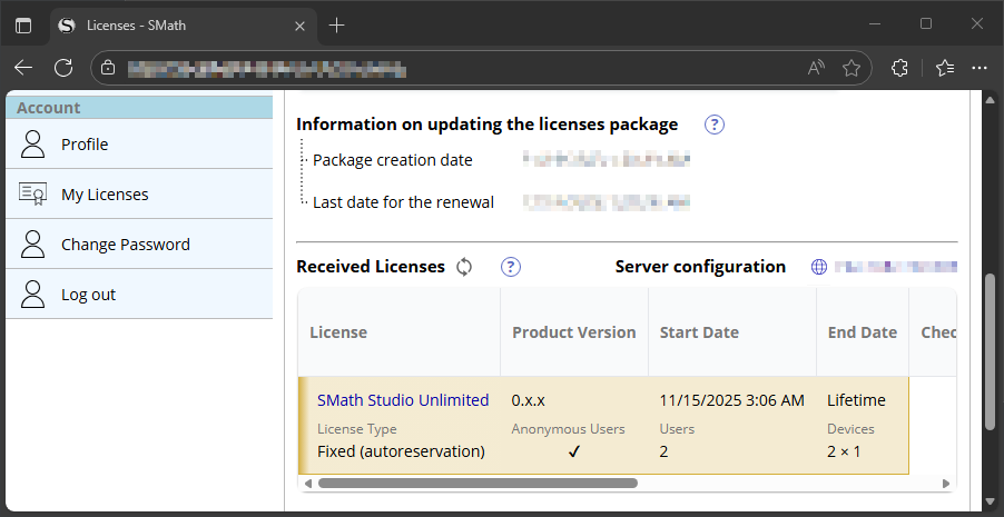 the Licenses page with licenses received from an offline package