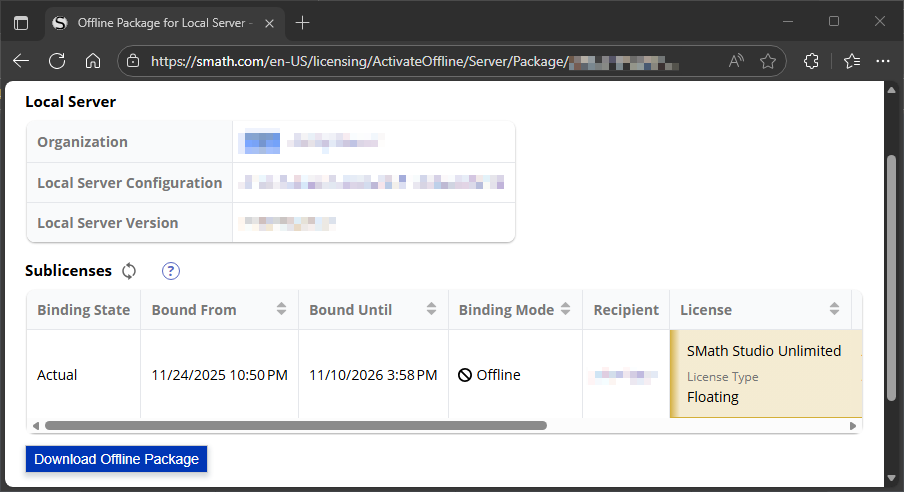 the offline package page with Download Offline Package