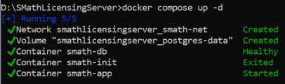 docker compose up -d erstellt das Netzwerk, das Volume und die Container smath-db, smath-init und smath-app