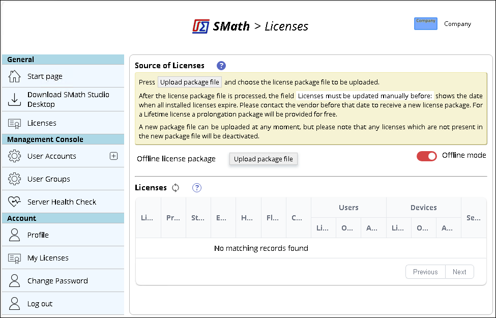 Seite Licenses mit dem Hochladen eines Offline-Lizenzpakets