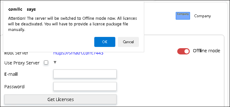 Bestätigungsdialog zum Umschalten des Servers in den Offline-Modus
