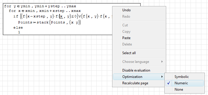 Kontextmenü mit Optimization auf Numeric gesetzt