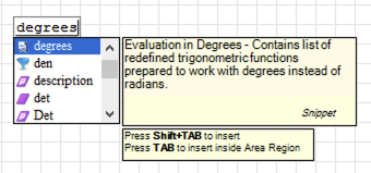 Liste der Dynamischen Hilfe mit dem Vorschlag des Code-Bausteins degrees