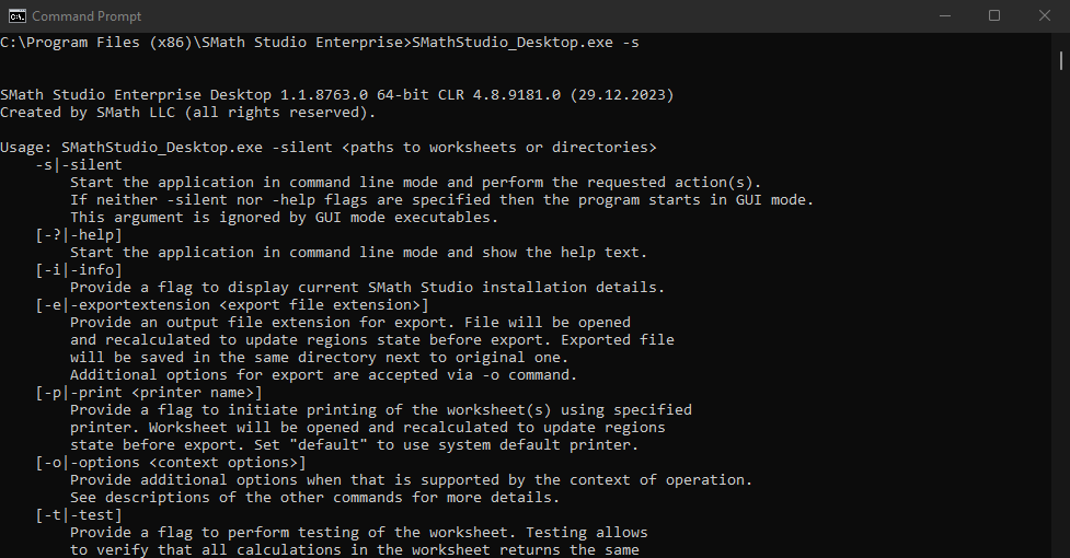 die Kommandozeilenhilfe von SMathStudio_Desktop.exe