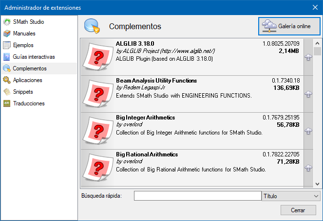 Administrador de extensiones en la pestaña Complementos