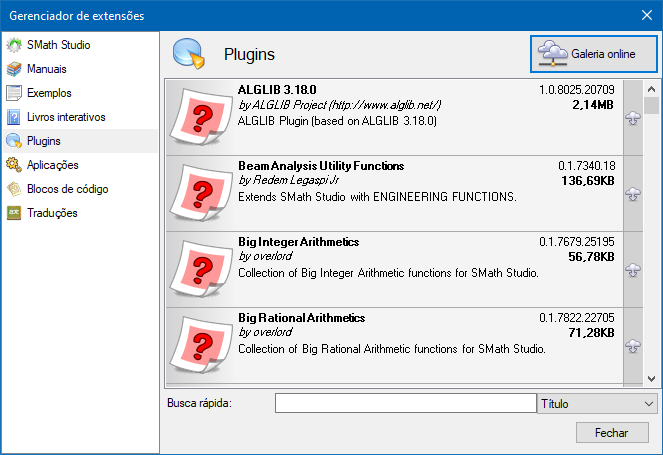 Gerenciador de extensões com a secção Plugins aberta