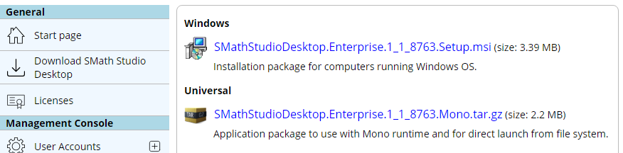 a página Download SMath Studio Desktop do Local Licensing Server, com os pacotes para Windows e universal